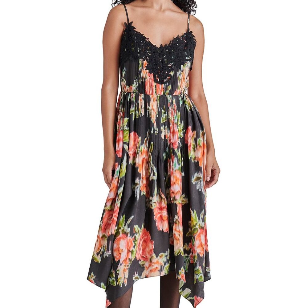 STEVE MADDEN Crochet Lace Floral Hanky Hem Midi Dress V Neck Faded Rose Sz S